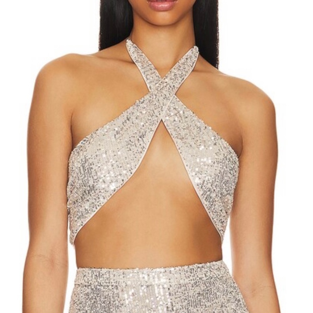 For Love And Lemons Candice Cross Front Top - Silver Sequin